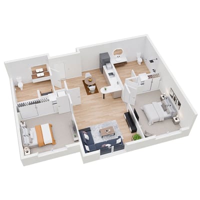 Aerial view of a two-bedroom floor plan layout