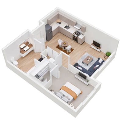 Architectural floor plan of a one-bedroom apartment