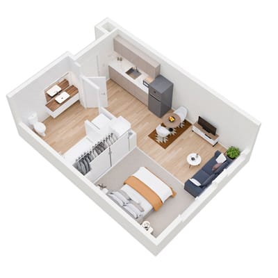 3D floor plan of a small apartment layout