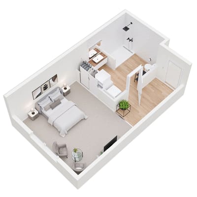 Rendered layout of a private resident room in a senior facility