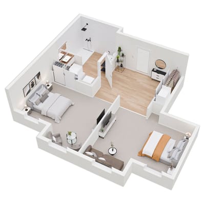 An illustrated floor plan of a two-bedroom unit