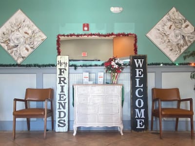 Welcoming common area with decorative signs