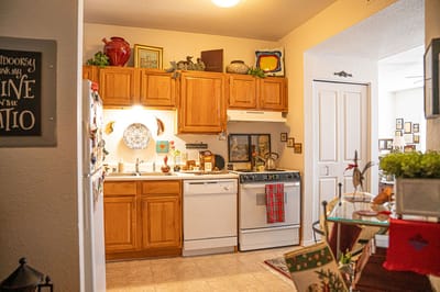 Cozy kitchen with wooden cabinets and decorations