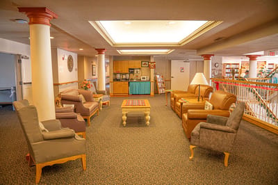 Bright and inviting common area with seating.