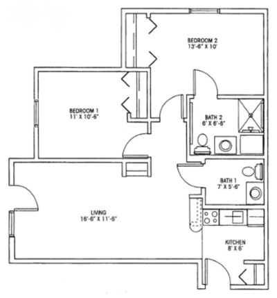Architectural floor plan of a two-bedroom unit