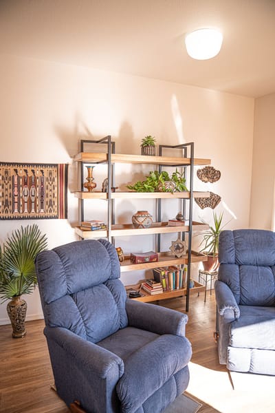 Bright and cozy lounge area with chairs and decor