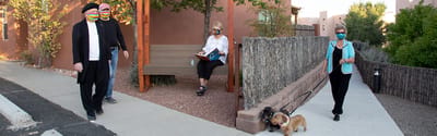 Residents enjoying the outdoor space with pets