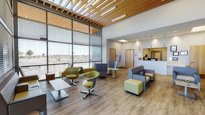 Bright interior of a common area with seating