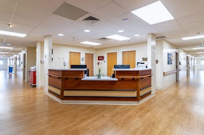 Bright and open reception area in a nursing facility