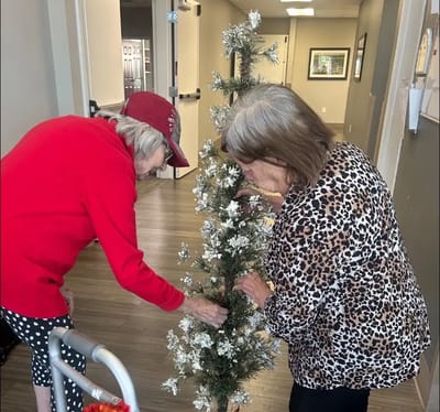 Two residents decorating a holiday tree in a common area