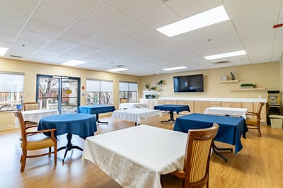 Interior view of a common area with tables