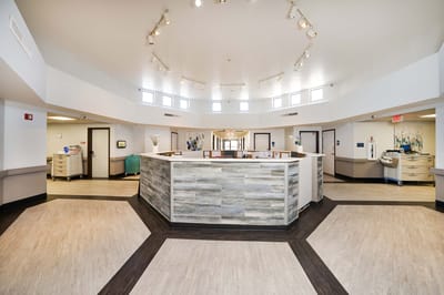 Bright and welcoming lobby with a reception area