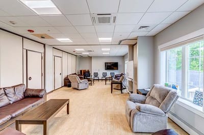 Interior view of a common area with seating