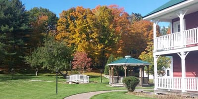 Beautiful outdoor space with gazebo and autumn trees