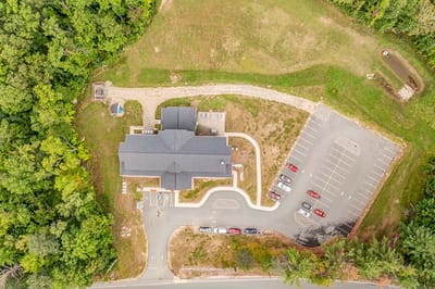 Aerial view of a nursing home with parking lot
