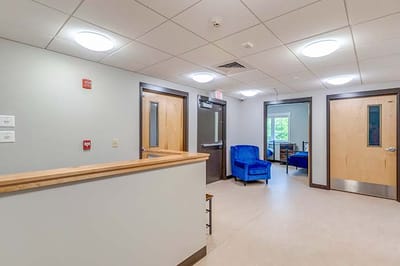 Bright corridor with seating and windows