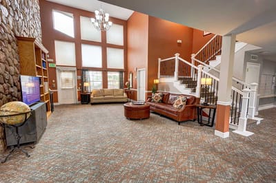 Interior of a common area with seating and decor