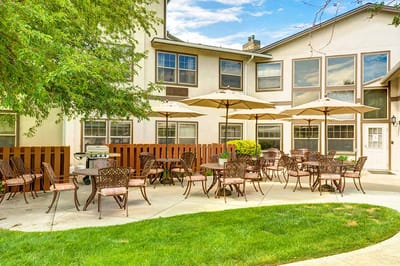Outdoor seating area with umbrellas and tables