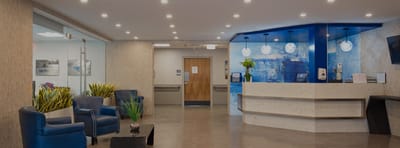Modern reception area with seating and decor