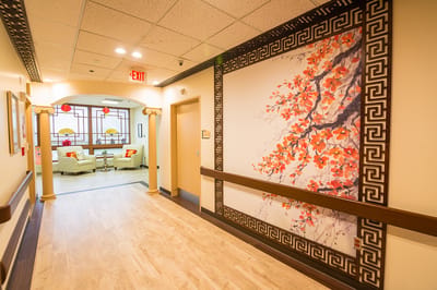 Brightly decorated hallway in a nursing home