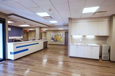 Bright and spacious reception area of a nursing facility