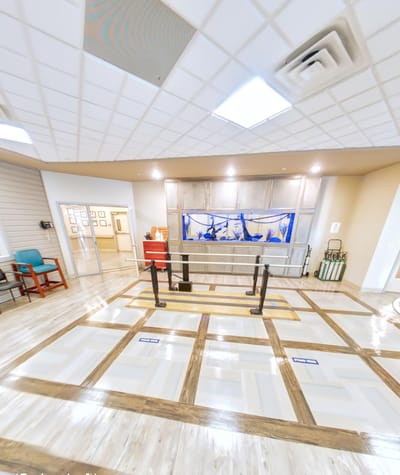 Interior view of a nursing home lobby area