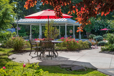 Outdoor seating area with colorful umbrellas and flowers