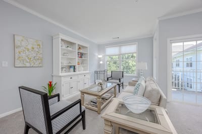 Bright interior of a cozy living room with furniture