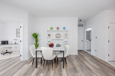 Bright dining area with modern decor and furnishings