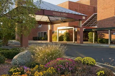 Exterior view of Helen Hayes Hospital entrance with landscaping