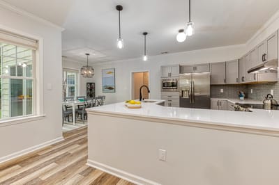 Modern kitchen interior with dining area