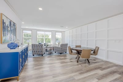 Interior common area with seating and decorative elements