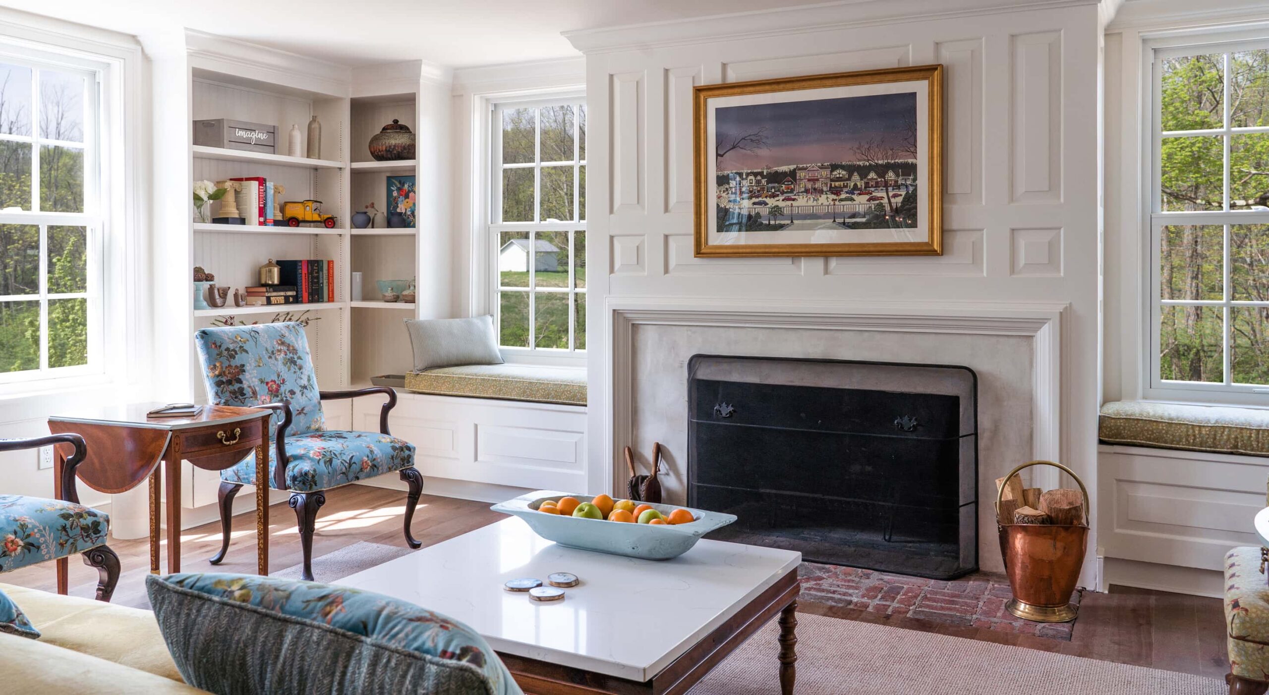 Cozy common area with seating and a fireplace