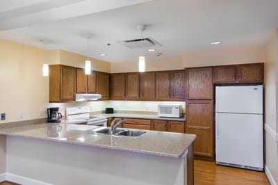 A well-equipped kitchen in a senior living facility