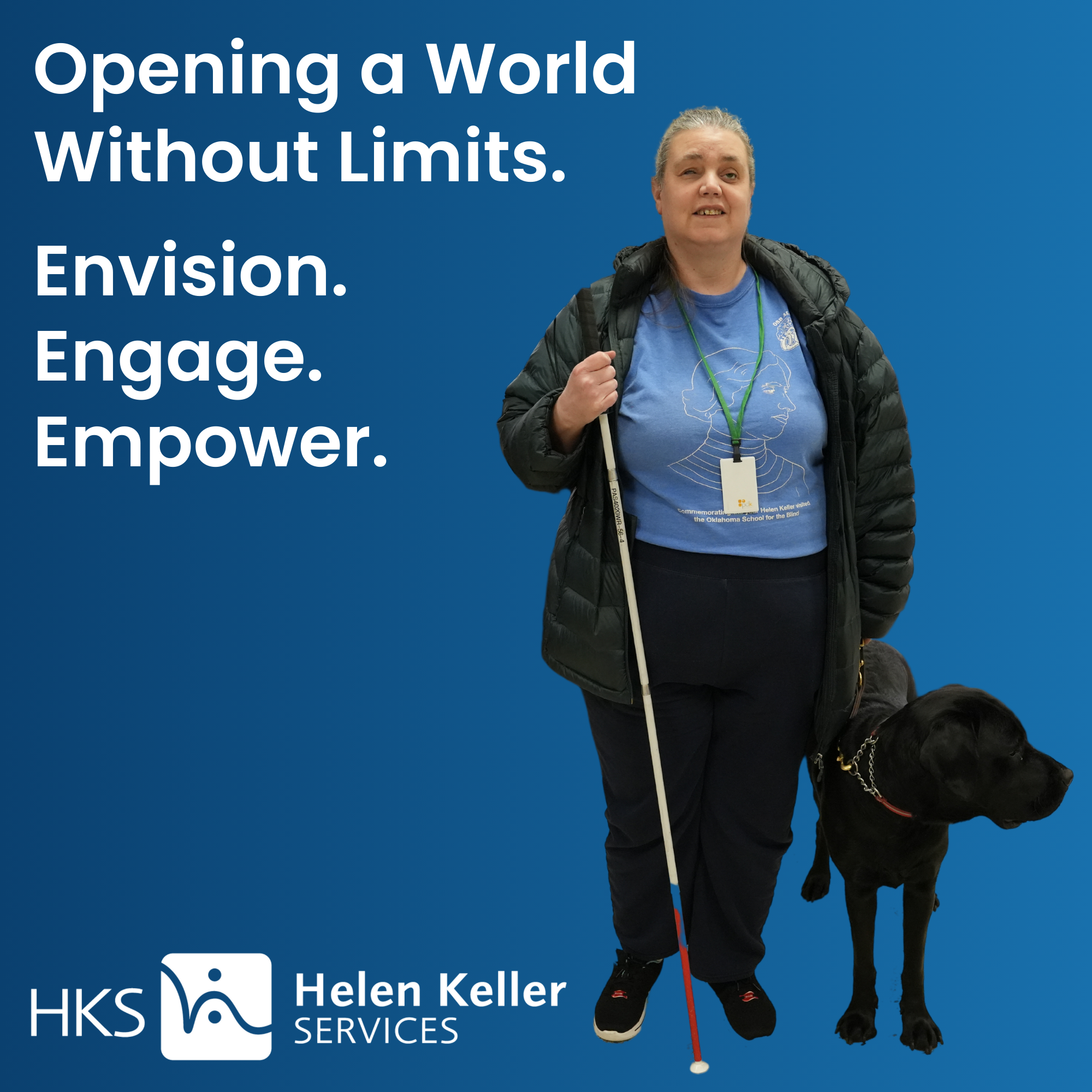 Logo of Helen Keller Services with a photo of a woman and a dog