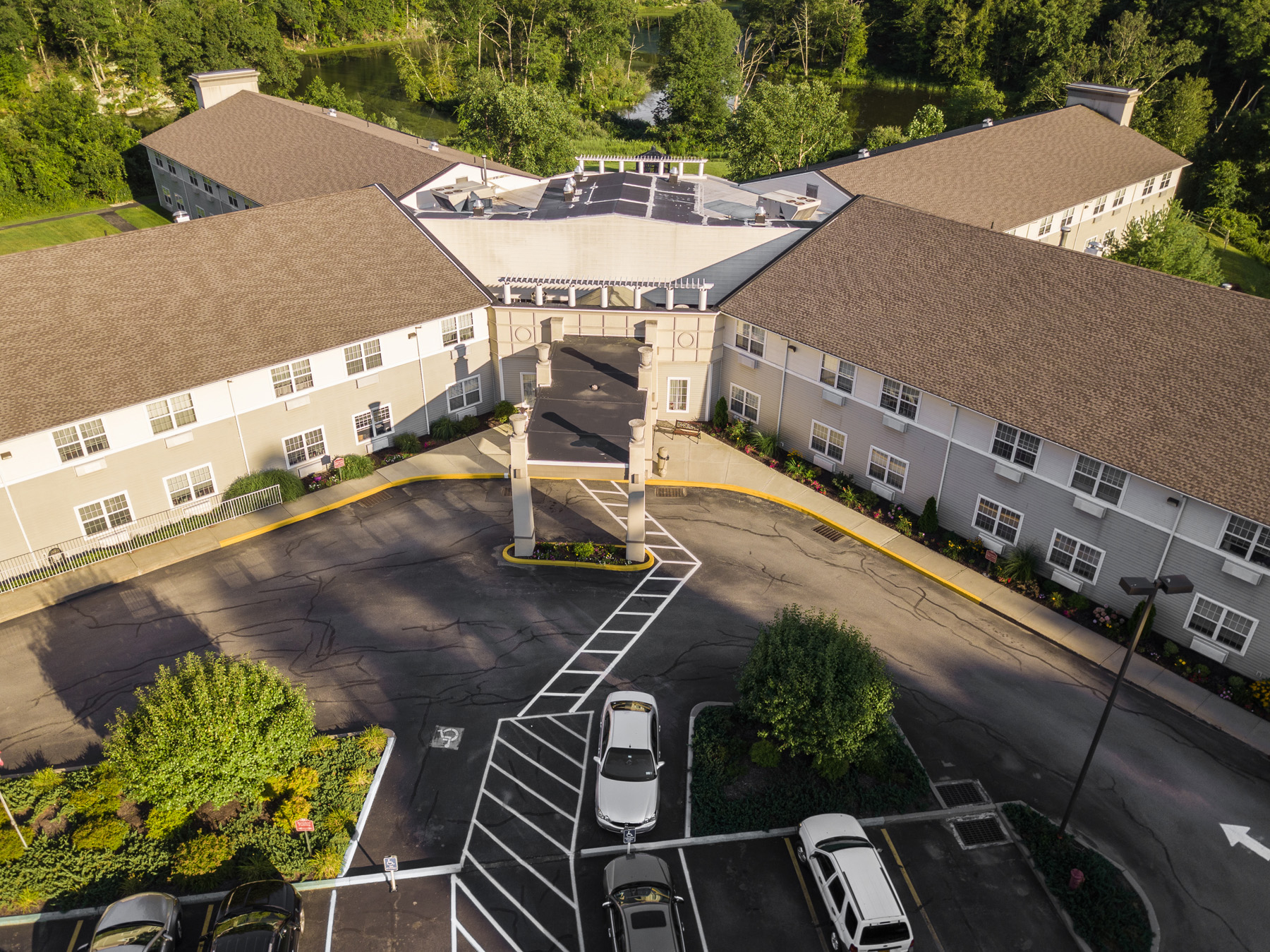 Aerial view of the Plaza at Clover Lake building entrance