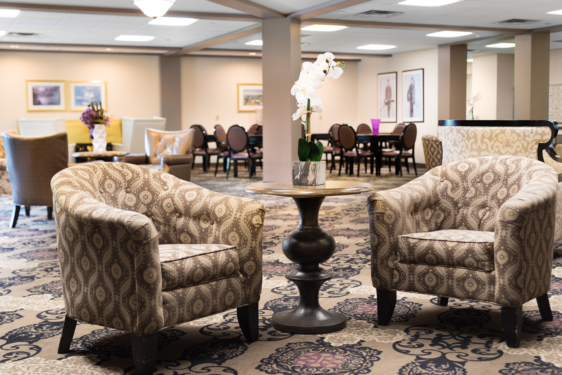 Cozy lounge area with patterned chairs and a decorative table