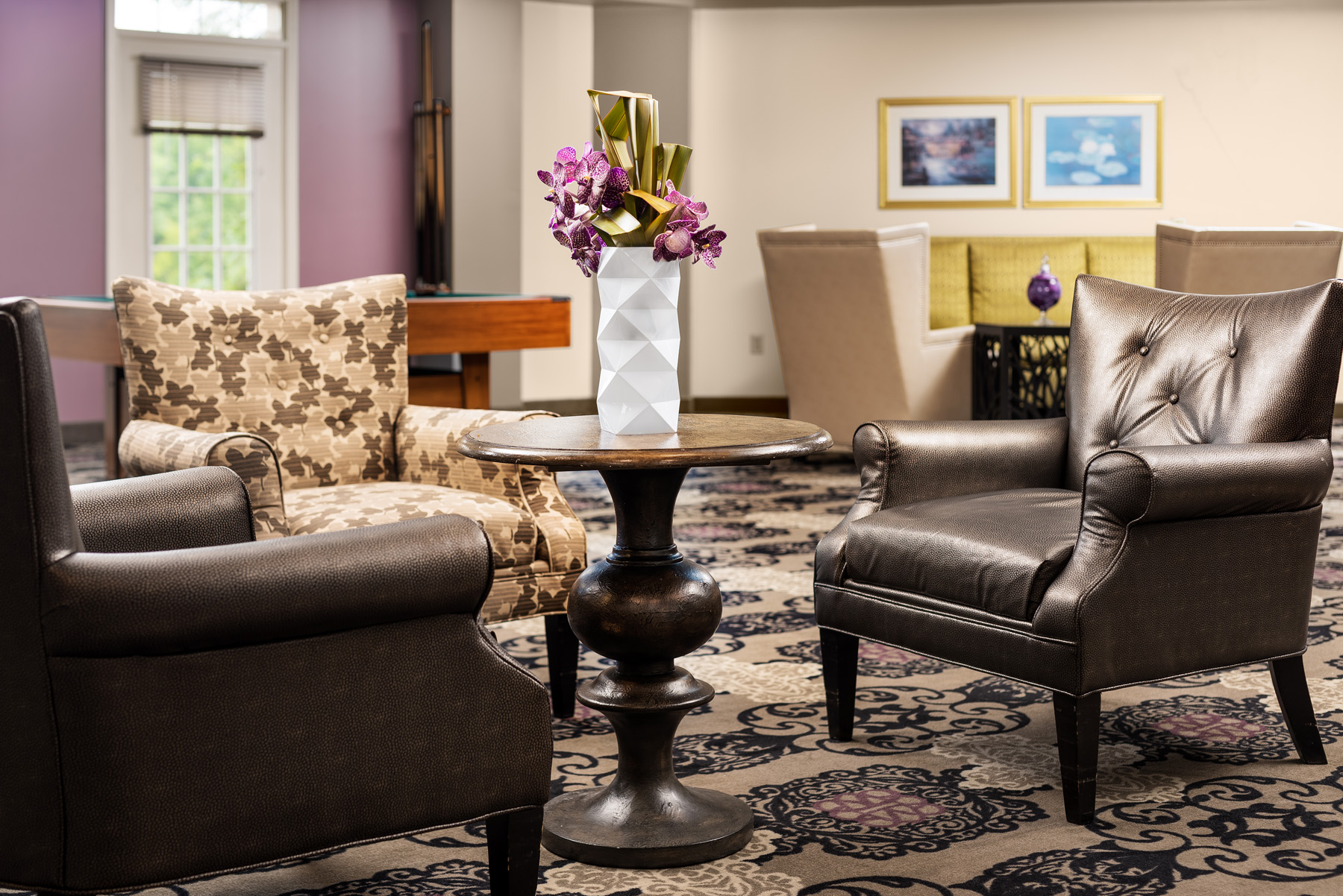 Comfortable seating area with decorative flowers