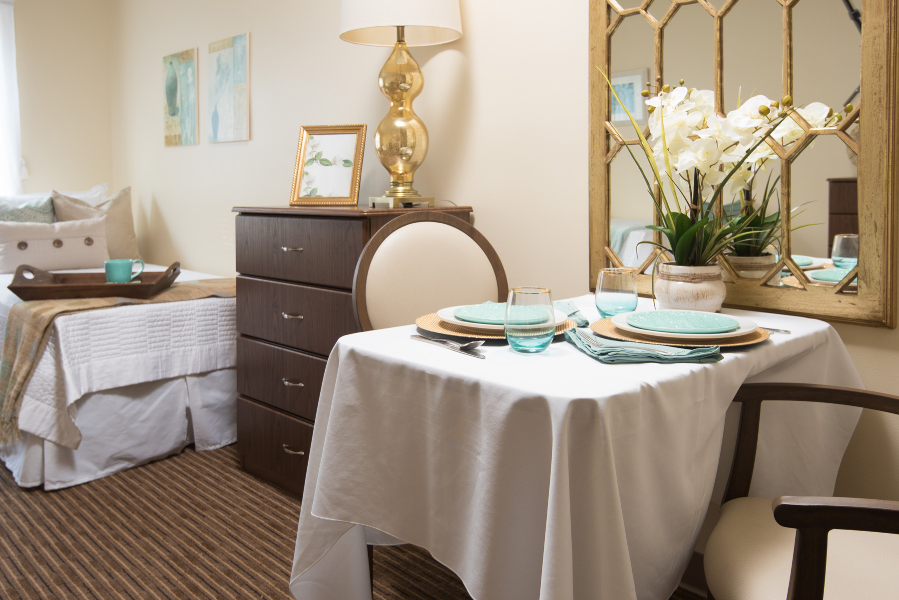Cozy private resident room with dining setup