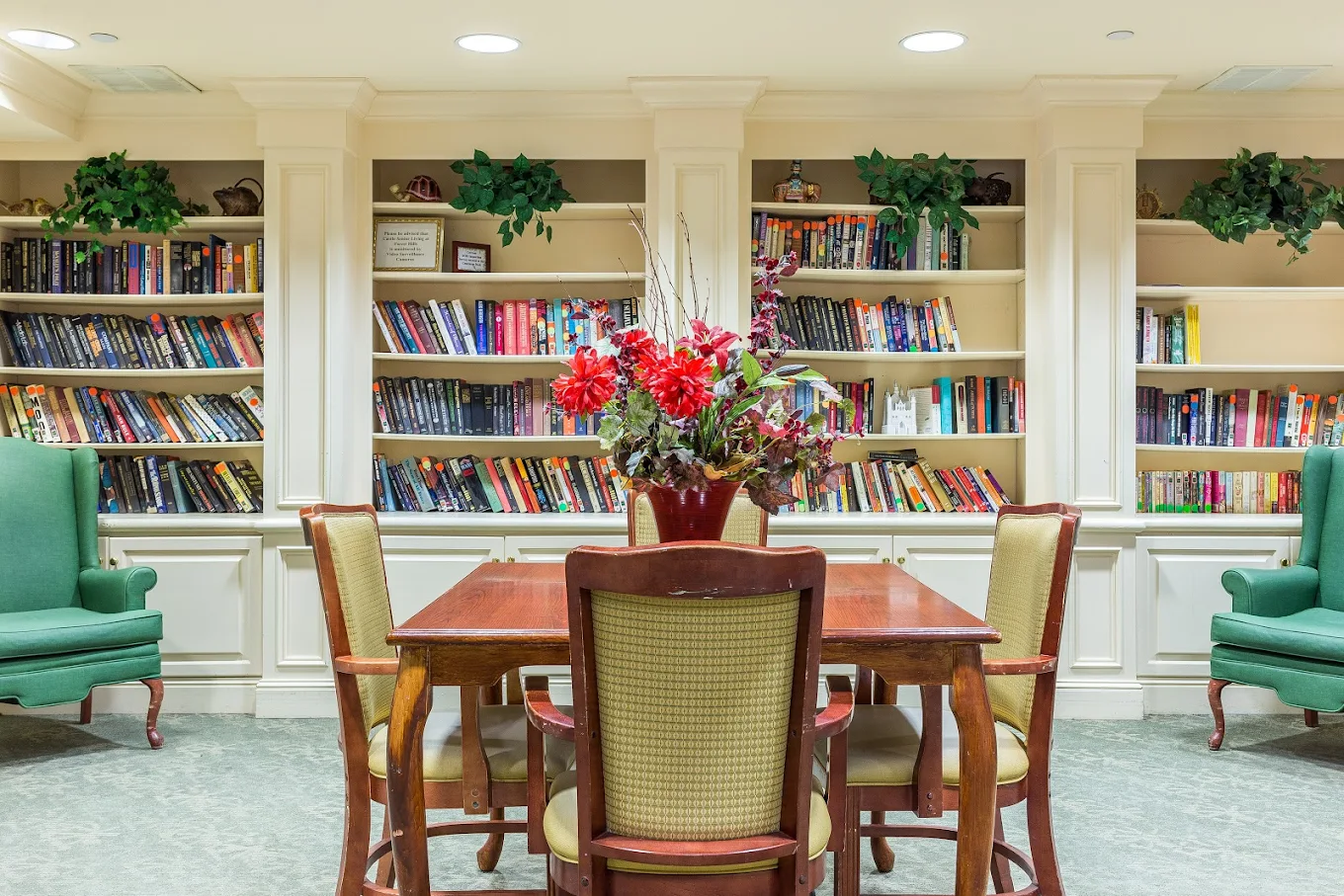 Interior view of a common area with bookshelves