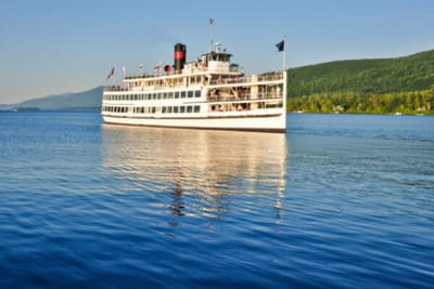 A large boat on a calm lake