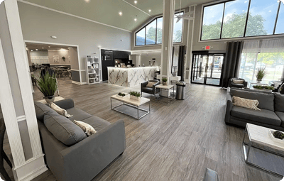 Bright and spacious interior common area with seating