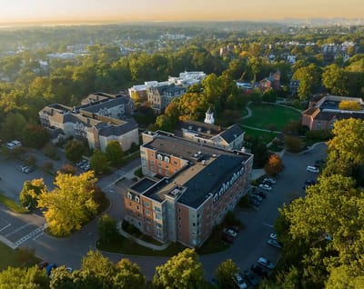 Aerial view of efficient senior living campus with greenery