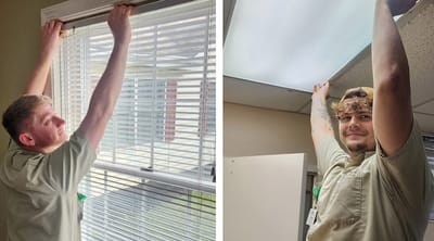 Staff member fixing window blinds in a resident room
