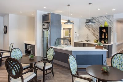 Bright and modern common area with seating and decor