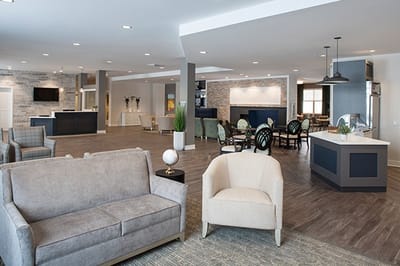 Bright and spacious common area with seating