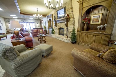 Cozy common area with seating and fireplace
