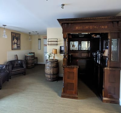 Interior view of a common area with rustic decor