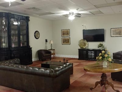 A cozy common area with seating and decor