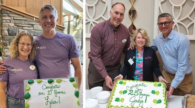 Staff celebrating residents' milestones with cake